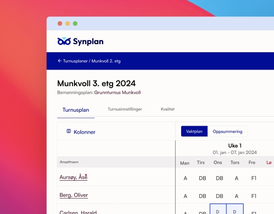 Skjermbilde fra Synplan som viser en turnusplan med vaktkoder